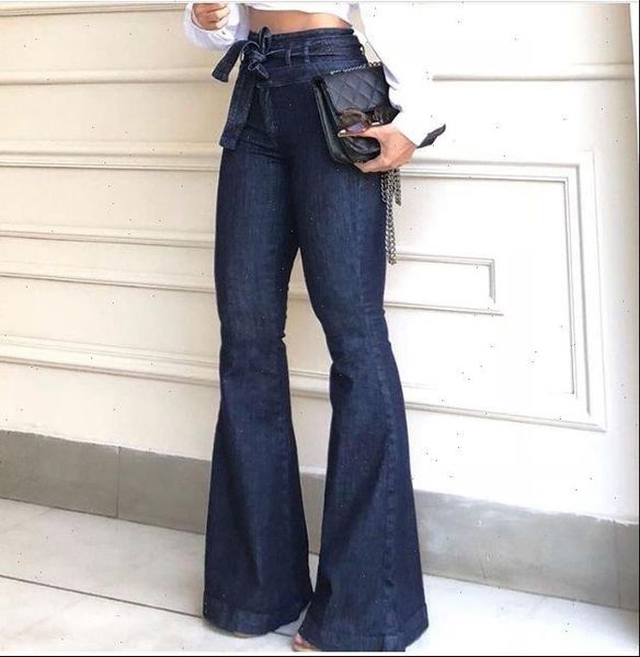 

fashion flare pant high waist women jean denim trouser street style, Blue