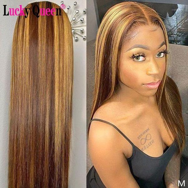 

highlight honey blonde colored transparent lace wigs lucky queen peruvian straight human hair pre plucked for black women1, Black;brown