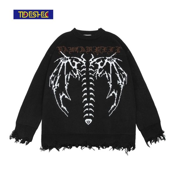 

hip hop streetwear knitted sweater gothic letter bat skeleton print pullover men autumn harajuku cotton casual sweater 220108, White;black