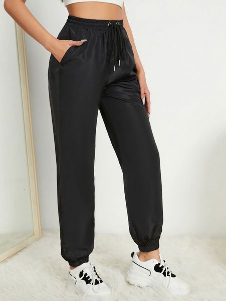 

drawstring waist carrot pants s293#, Black;white