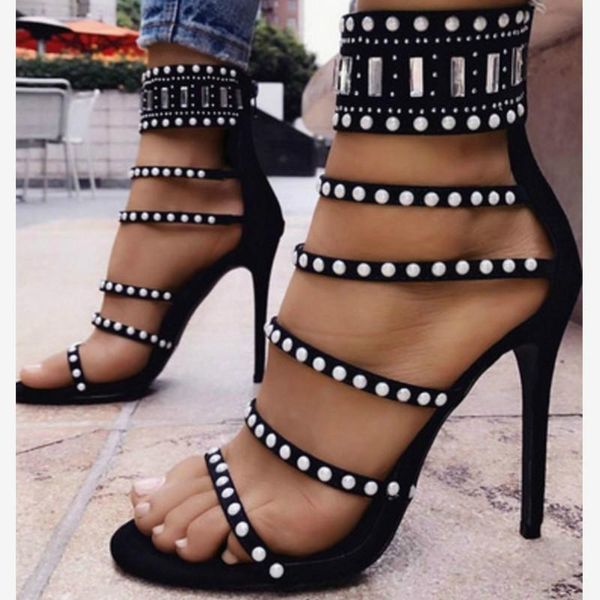 

ethnic open toe rhinestone design high heel sandals crystal buckle gladiator women black size 35-40