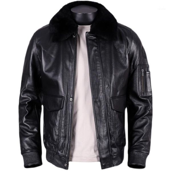 

men's leather & faux 2021 black pilot jacket men military style plus size 3xl real natural cowhide autumn slim fit short aviation coat