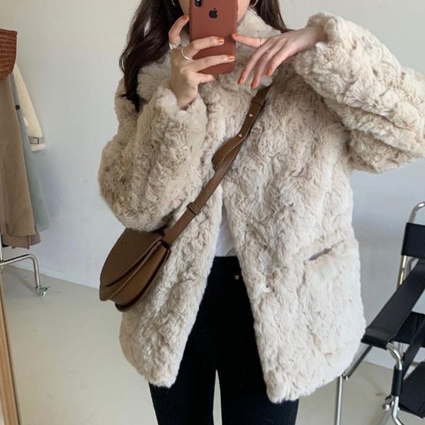 

women's & leather 2021 autumn winter long sleeve young style jackets fashion slim turn-down collar ladies loose faux fur coats b142 nm5, Black
