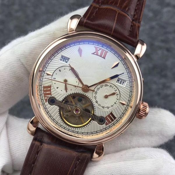 

wristwatches men automatic mechanical watch luminous black leather tourbillion sapphire calendar rose gold blue, Slivery;brown