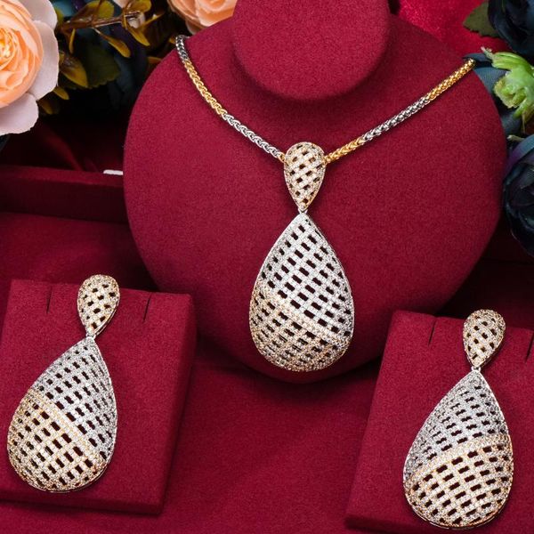 

earrings & necklace godki super luxury water drop cubic zircon crystal cz engagement earring set for women wedding dubai bridal jewelry, Silver