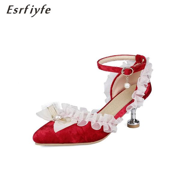 

dress shoes esrfiyfe 2021 arrive sandals women summer sweet large size 14 high heel buckle beads pointed toe flock woman, Black