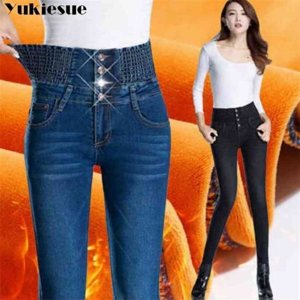 

winter fleece jeans mujer women 4 button warm denim pencil pants fashion high waist thick trousers streetpants plus size 210809, Blue