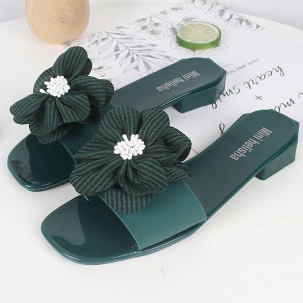 

slippers women beach summer elegant heel square slipper sandals foral stripe flower shoes ladies, Black