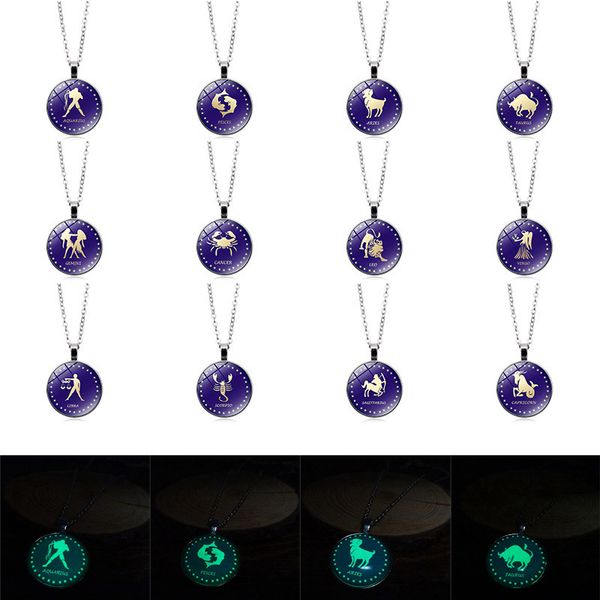 

classic fashion glass dome alloy pendant necklace women men glowing jewelry 12 constellations popular luminous necklace, Silver