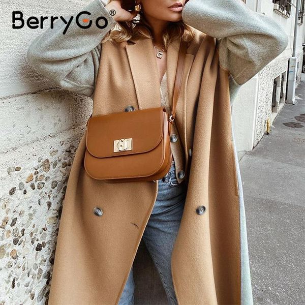 

women's wool & blends berrygo elegant camel split warm autumn winter women coat causal long sleeve female high street fashion style 202, Black
