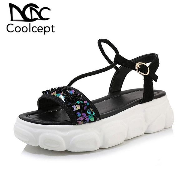 

dress shoes coolcept plus size 29-46 women thick bottom platform open toe sandals summer bling outdoor patchwork mujer footwear, Black