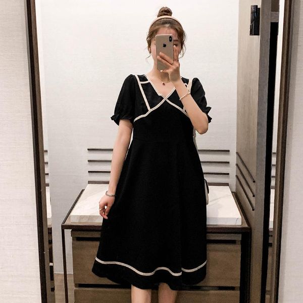 

maternity dresses 370# dress summer short sleeves v neck color block loose fashion plus size midi pregnant women, White