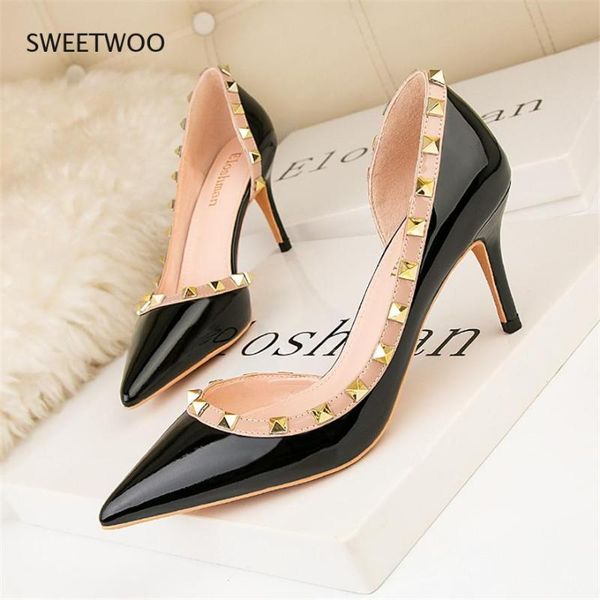 

dress shoes ol office high heel fashion rivets stiletto women pumps ladies side cut-outs pointed toe red woman wedding, Black