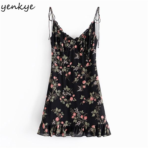

vintage floral print sling dress women v neck sleeveless a-line mini chiffon female holiday summer beach vestido 210514, Black;gray