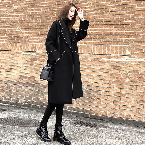 

women's wool & blends 2021 korean version black woolen coat women medium long collar pocket leisure loose winter female cc29