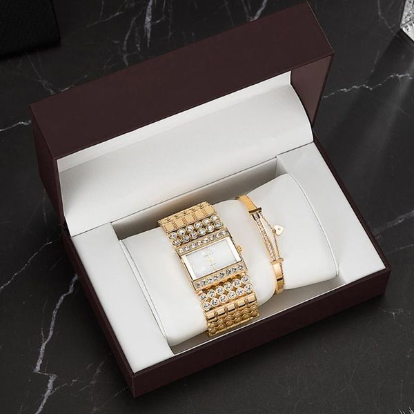 

wristwatches 3pcs watches stainless steel bracelet fashion women's rhinestones square case wit gift watch box set bangle, Slivery;brown