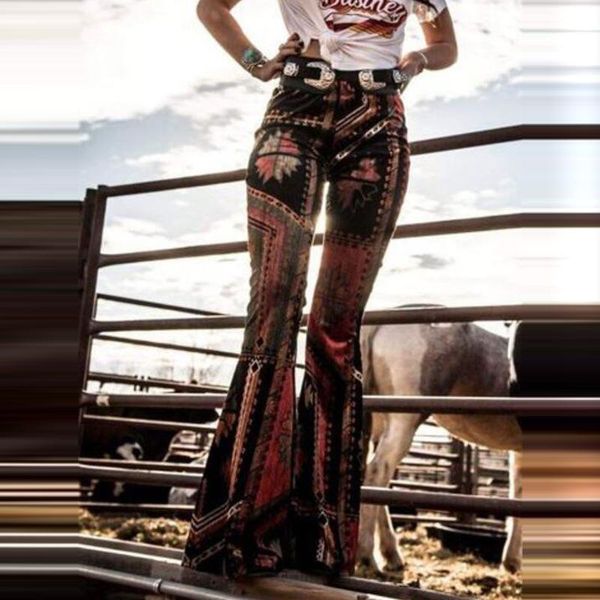 

women's pants & capris 2021 autumn printed slim casual multicolor bohemian flared, Black;white
