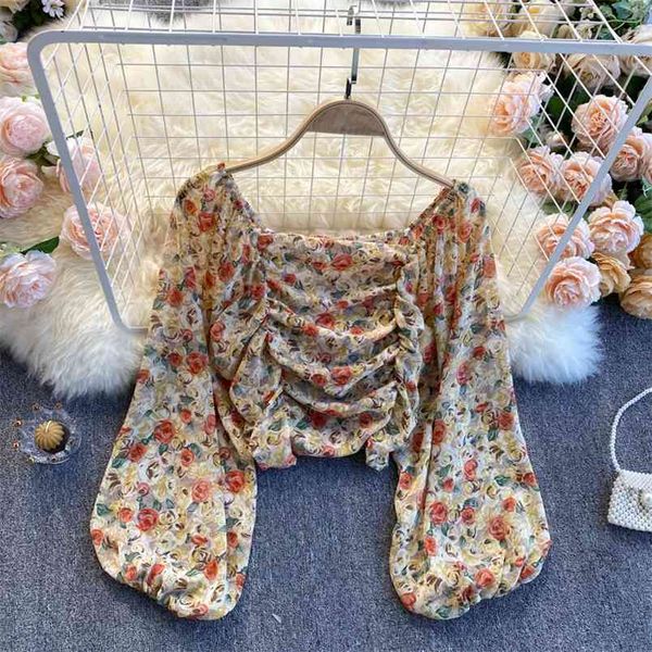 

spring french retro blouse women's square collar puff sleeve folds blusa was thin wild printed chiffon short shirt c197 210506, White