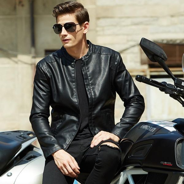 

men's fur & faux leather jacket men casual black motorcycle biker jackets slim fit mens mandarin collar spring autumn fashion clothing