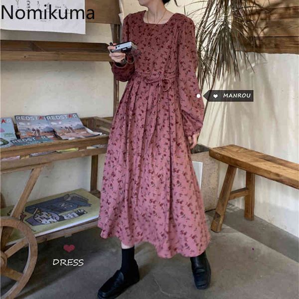 

nomikuma chic vintage dress women square collar long sleeve floral printed retro dresses female korean vestidos mujer 3e113 210514, Black;gray