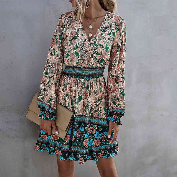 

spring women's high waist ruffled a-line mini dress for womens casual bohemian print short long sleeve vintage dress women 210514, Black;gray