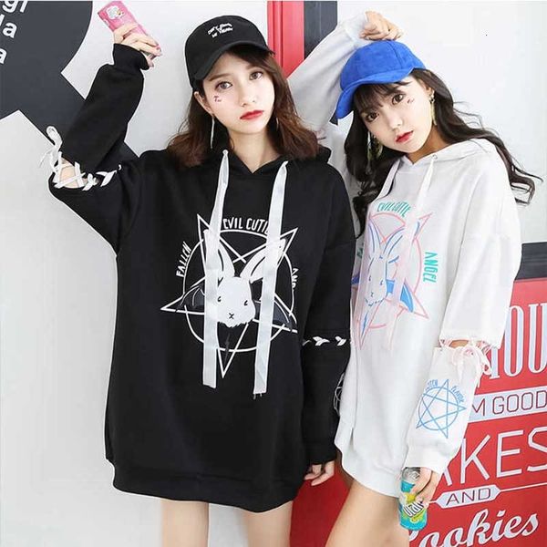 

women's hoodies & sweatshirts harajuku lolita stil frauen sweatshirt kaninchen pentagramm druck spitze up hoodies lose lange f9fz, Black