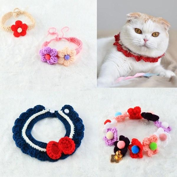 

cat costumes cute knited accessories sweet dog collar with bell floral pet scarf for kittens kitty puppy necklace yorkie chihuahua
