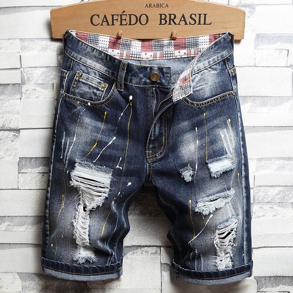

men's jeans hole ripped shorts tights males fashion brand paint splash graphic korean motorcycle pants, Blue