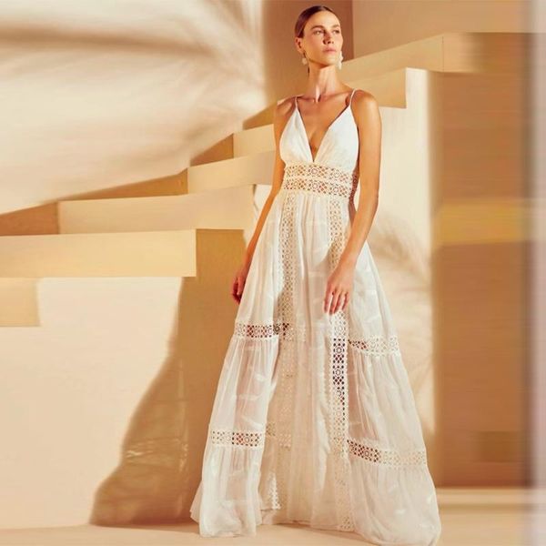 

casual dresses 2021 summer women spaghetti strap maxi long white hollow out embroidery party dress, Black;gray