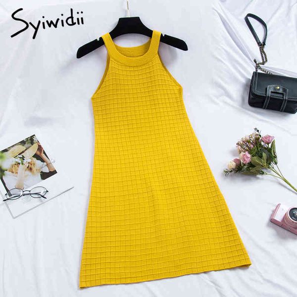 

syiwidii vintage high waist tank dresses women strapless sleeveless a-line solid blue neck-mounted clothing summer korean 210417, Black;gray