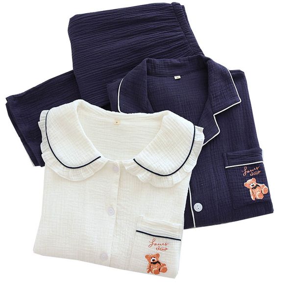 

women's sleepwear lovers soft loose gauze cotton pajamas set solid color simple style women doll collar men turn-down neck 2pcs ho, Black;red