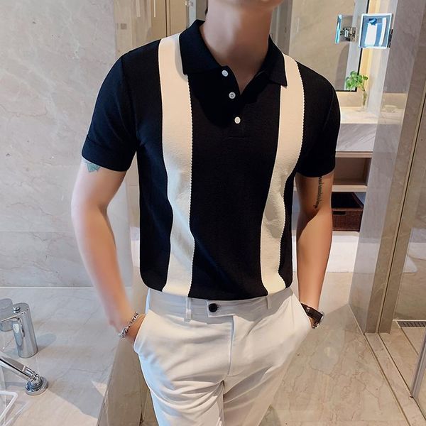 

men's polos 2021 summer short-sleeved knitted casual shirts contrast color british slim lapel ice silk shirt men clothes, White;black