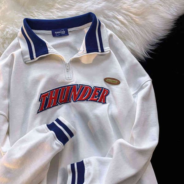 

vintage polo collar hip hop zipper embroidery sweatshirt women kawaii hoodie streetwear spring japanese fashion pullovers, Black