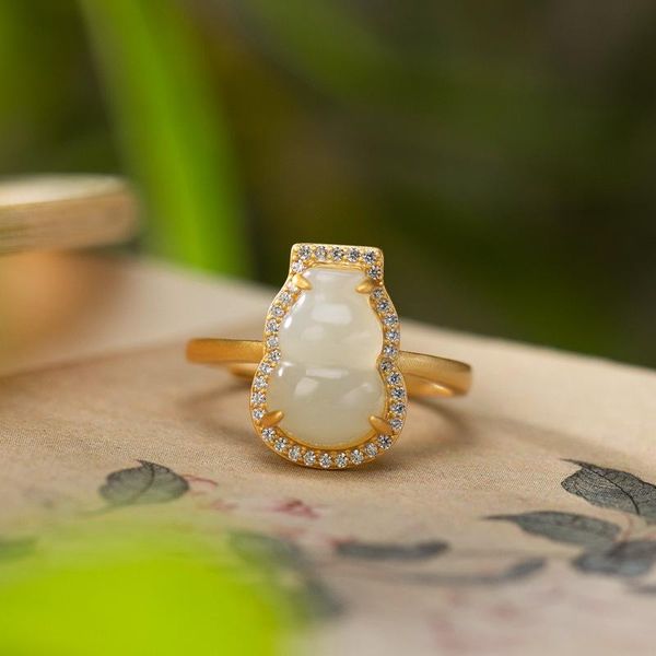 

cluster rings sterling silver gilded original inlaid white hetian jade ring female models chinese retro light luxury women's gift k0069, Golden;silver