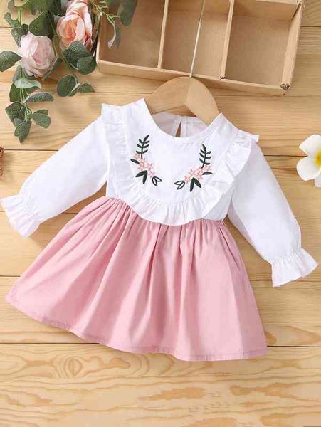

baby flower embroidered flounce sleeve ruffle trim dress she, Red;yellow