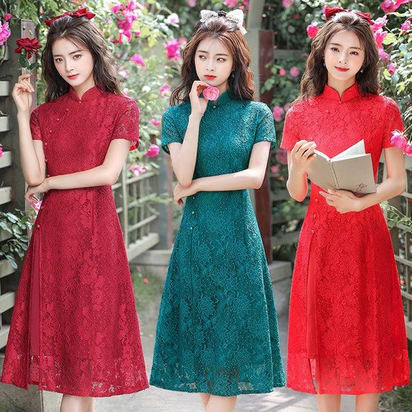 

ethnic clothing nagodo lace chinese dress 2021 improved slim daily cheongsam modern large size oriental qipao year, Red
