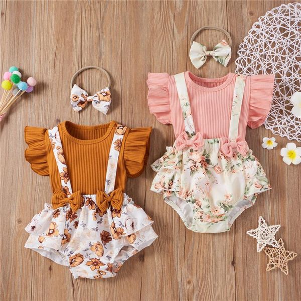 

clothing sets toddler infant girl's baby 3pcs set flower printing three-pieces o-neck flying sleeve + suspender shorts headband, White