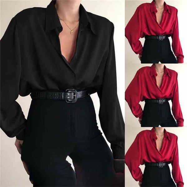 

kayotuas women shirt fashion autumn blouse lapel long sleeve solid black red ladies female clothing streetwear 210522, White