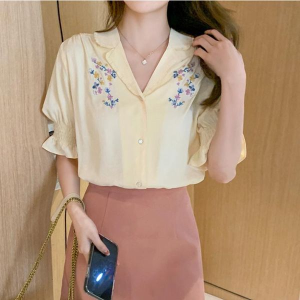 

women's blouses & shirts ljsxls embroidery short sleeve and women yellow chiffon solid notched collar clothing summer blouse, White