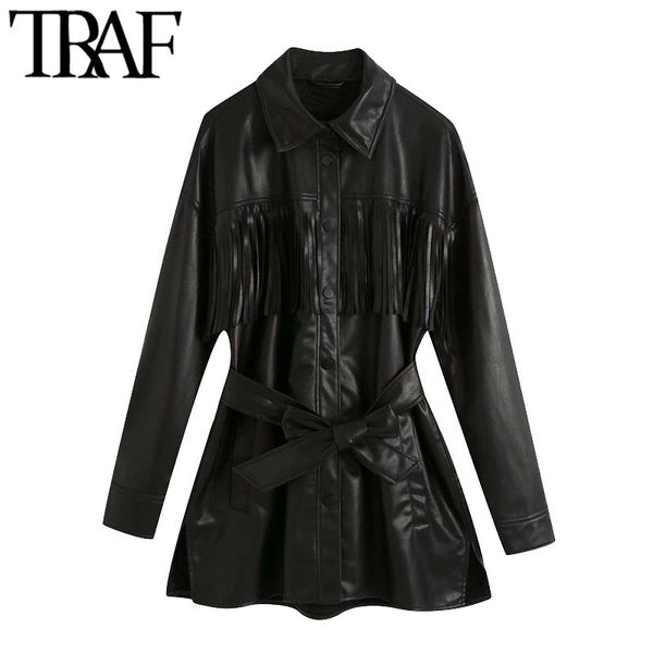 TRAF Donne Fashion with Belt Tassel Faux Giacca in pelle Cappotto Vintage Manica Lunga Snap-Pulsante Capistrello femminile Chic Tops 210415