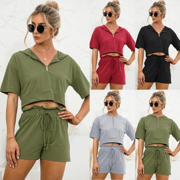 

women's tracksuits 2021 summer solid color hooded zipper shorts casual suit, Gray