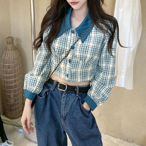 

women's blouses & shirts women plaid shirt design sense short casual retro long-sleeved turn down collar 2021 fashion femme, White