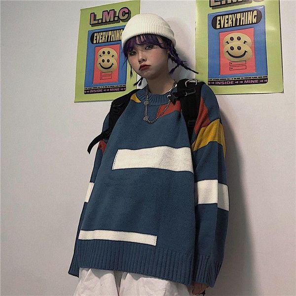 

autumn and winter korean ins harajuku lazy style sweater women loose outer wear all-match color matching long -sleeved kniwomen's t-shi, White
