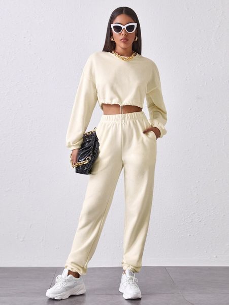 

drawstring hem drop shoulder pullover & sweatpants set z9xw#, White