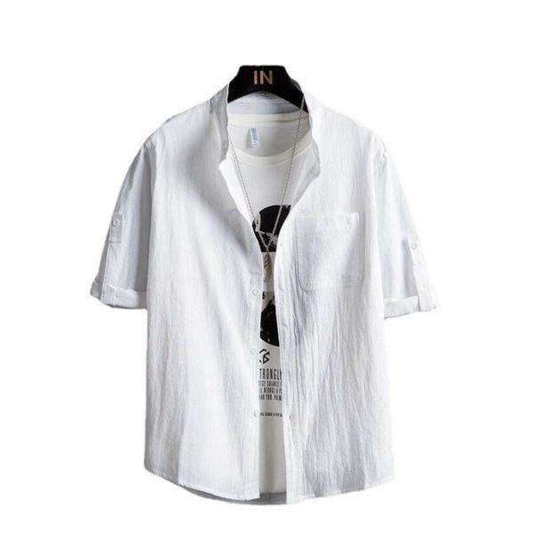 

men's casual shirts men clothes plain button-up short sleeve shirt summer 2021 breathable soft baggy fashion turn-down collar solid col, White;black