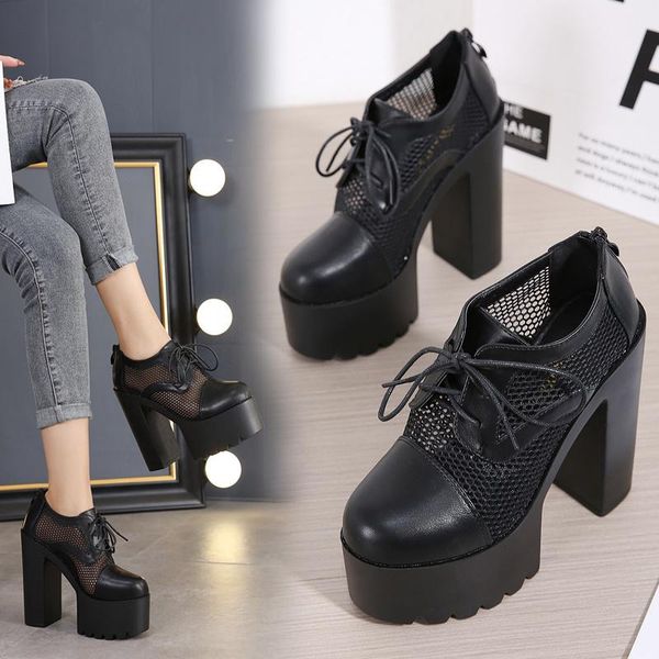 

sandals 15cm mesh hollow single shoes thick heel lace-up women's british platform 2021 summer style, Black
