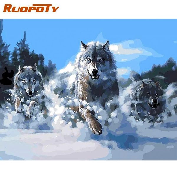 

paintings ruopoty three wolf animal painting by numbers 60x75cm unique paints kits diy gift framed home wall decor art craft