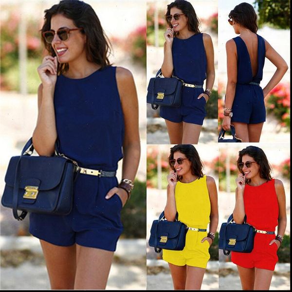 

summer casual sleeveless playsuit elegant womens romper chiffon short backless overalls, Black;white