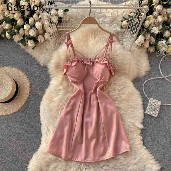 

dresses women summer spaghetti strap square collar ruffles solid mini party dress korean chic wild vestidos 210531, Black;gray