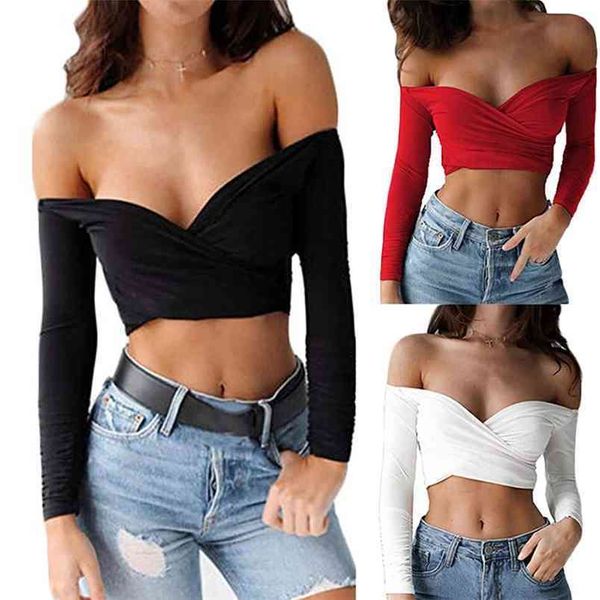 Frauen T-shirt Frühling Herbst Weibliche Mode Sexy Deep Hals Off-the-Shoulder Tops Elegante Damen Langarm Mädchen Casual Kleidung 210522